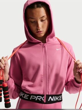 Nike Pink Full-Zip Hooded Puffer Jacket with Black Branded Hem